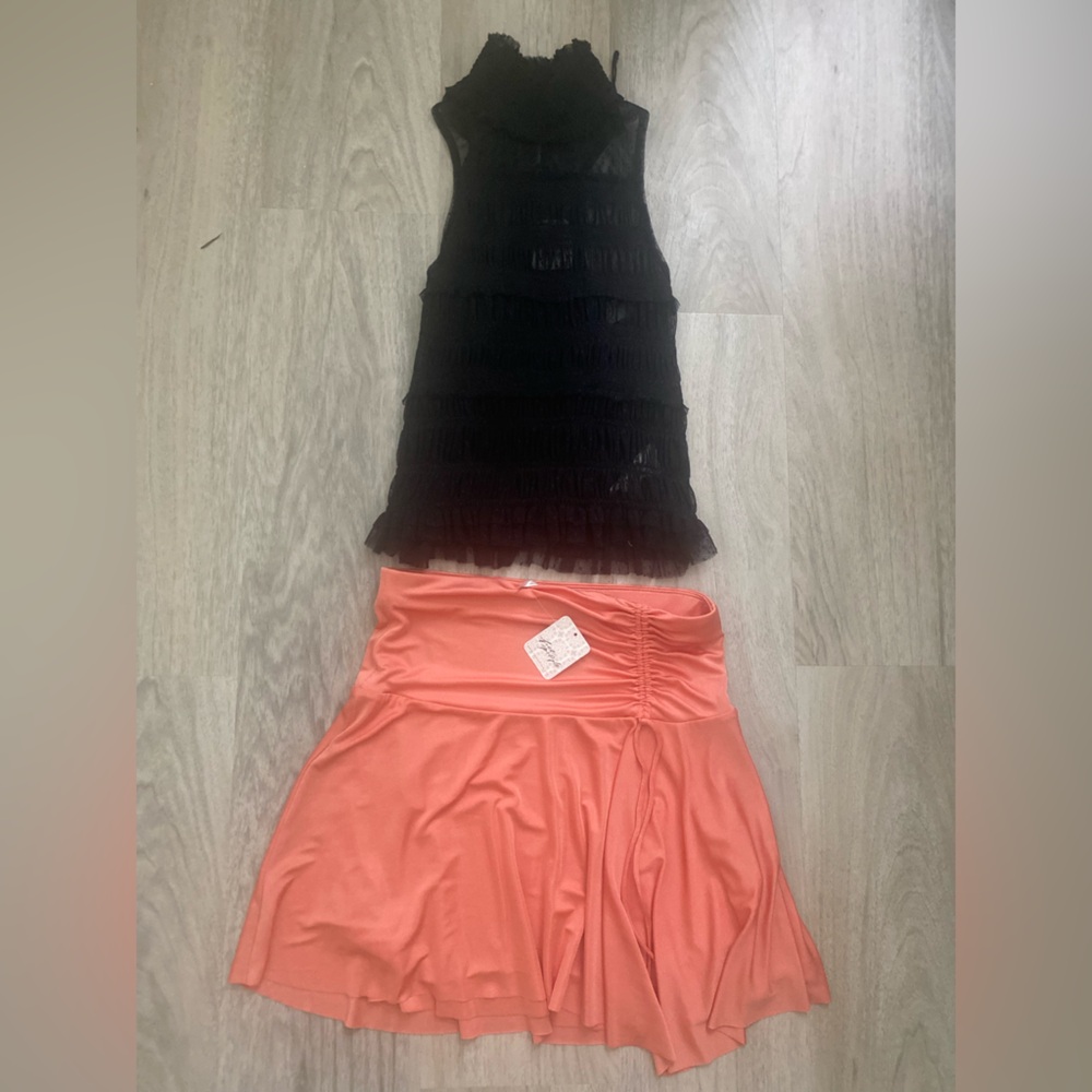 NWT Free People Burnt Coral Skirt & Black Smocked Top XS Fall